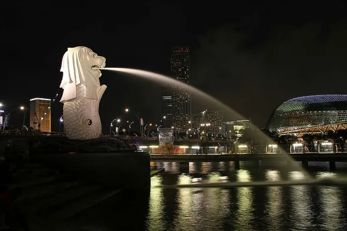 白狮雕塑水喷泉前的水体照片在夜间