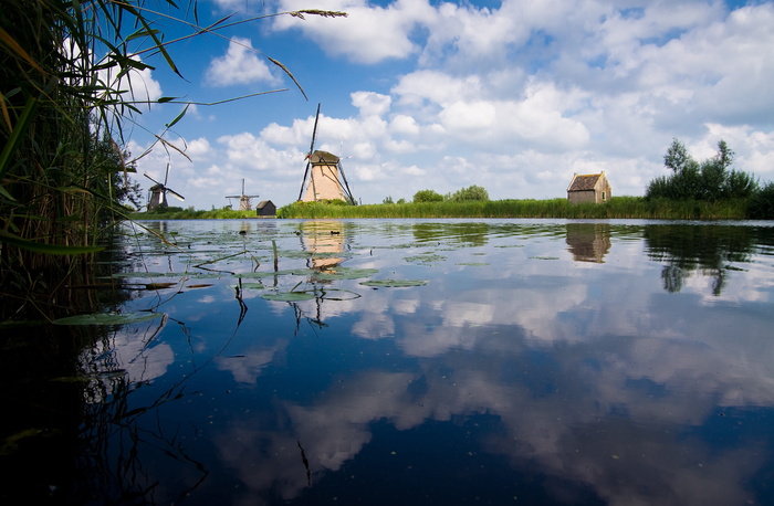 kinderdijk，mill，水，云，河，反射，云天，天空