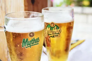 两杯，清澈的，神秘的，装满的，啤酒，干渴，饮料，啤酒花园