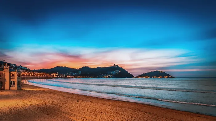 夜间海滩，圣塞巴斯蒂安，日落，海滩，景观，海边，多诺西亚，全景