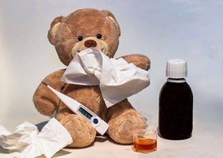 棕色、熊、白色、数字、温度计、膝盖、寒冷、生病