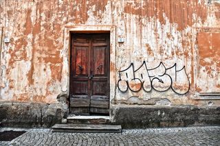 棕色，木质，法式，门，后面，墙，木门，门口