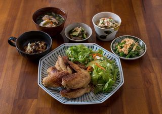 油炸，鸡翅，白，陶瓷，碗，食物，菜肴，日本食物