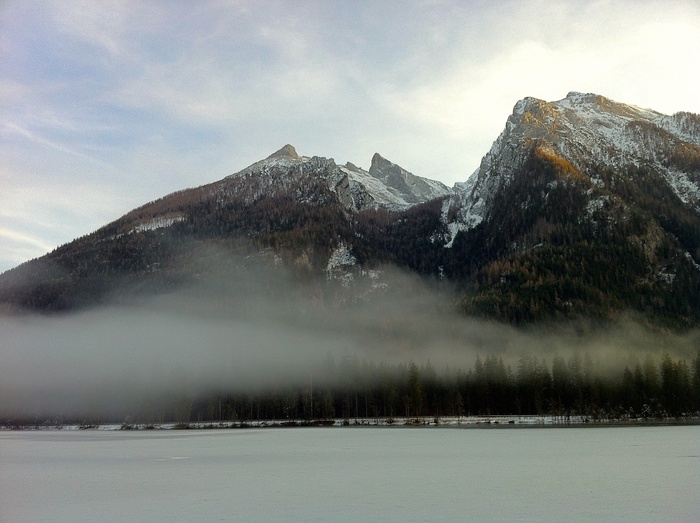 ramsau，hintersee，奥地利，地面雾，黄昏，山脉，雪，背光