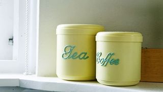 厨房、茶、咖啡、罐子、复古、古董、黄色、窗户