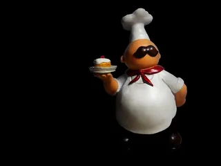 厨师、厨具、甜点、厨师、黑色背景、表现、工作室拍摄、静物画