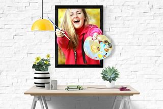 女士，穿着，红色，连帽衫，手持，绘画托盘，艺术家，绘画