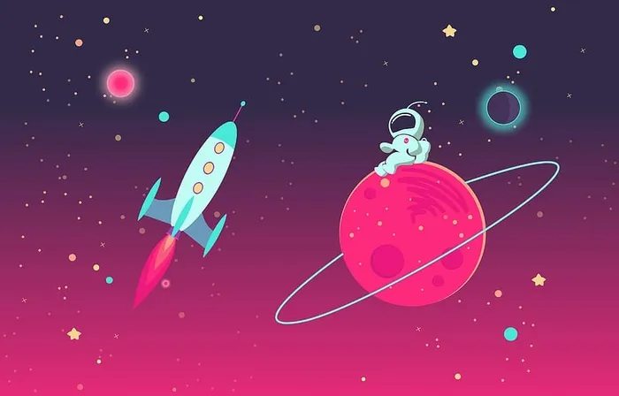 地球上的卡通宇航员和外层空间的火箭