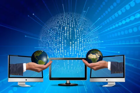 网络、二进制、全球、手持、演示、曼哈顿、二进制、计算机