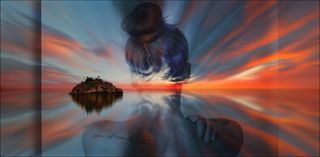 橙色，蓝色，绘画，自然，日落，天空，水，全景