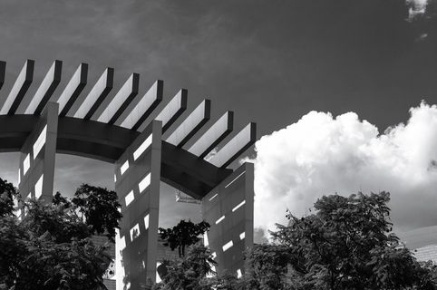 花园露台的灰度照片