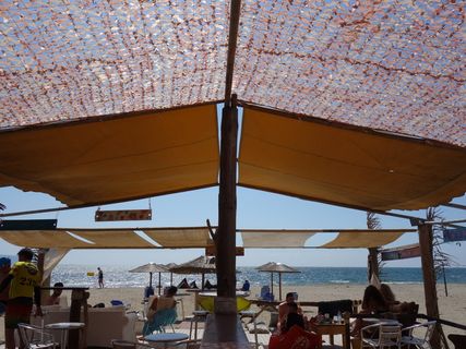 食堂，希腊，海滩，大海，阴影，夏天，下午，天空