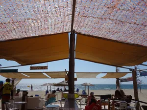 食堂，希腊，海滩，大海，阴影，夏天，下午，天空