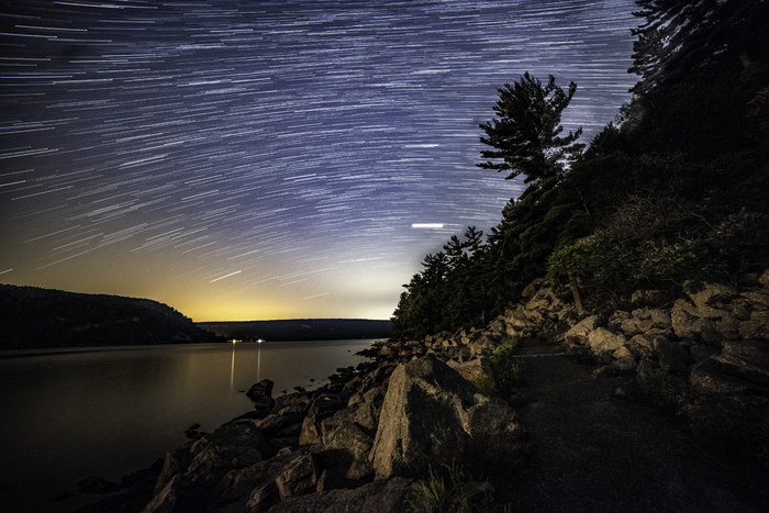 夜晚，天空，星光轨迹，风景，岩石，湖泊，风景，黑暗