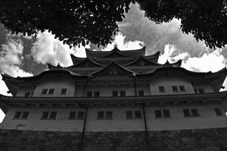 日本，名古屋市，名古屋城堡，名古屋，城堡，广角，单色，黑白