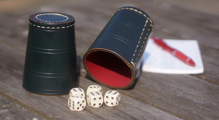 Yatzy, 骰子, 游戏, raflebæger, 抽奖, 没有人, 室内, 特写