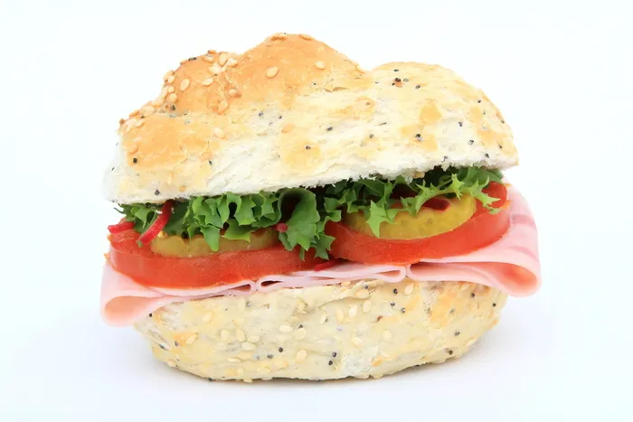 含蔬菜的汉堡包、面包、棕色、面包、卡路里、特写、颜色、颜色