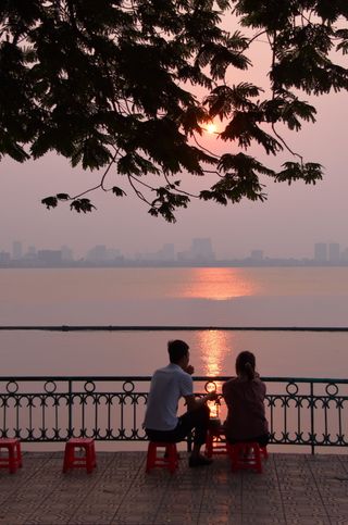 河内，城市，越南，湖泊，日落，浩瀚，水，天空