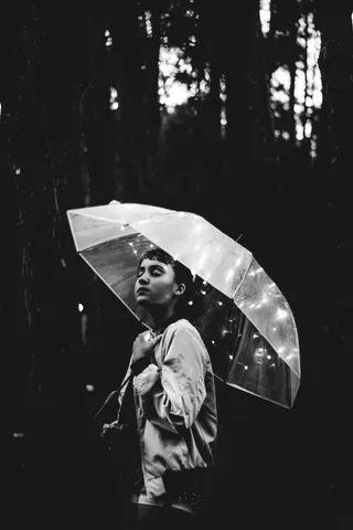 举着伞在雨中行走的女人的灰度图像