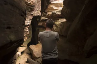 人，照片，石头，瀑布，自然，狭缝，深渊，剪影