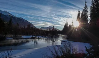 sunet期间森林之间的河流