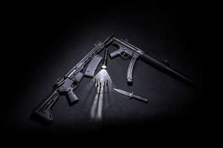 两支黑色突击步枪，旁边是战术刀、子弹和手电筒。