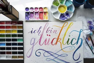 平面、平铺、摄影、水彩画、水彩、画笔、画圈、绘画、笔触