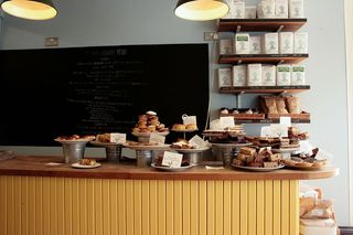 烘焙、糕点、木制、办公桌、什锦、面包、棕色、餐桌