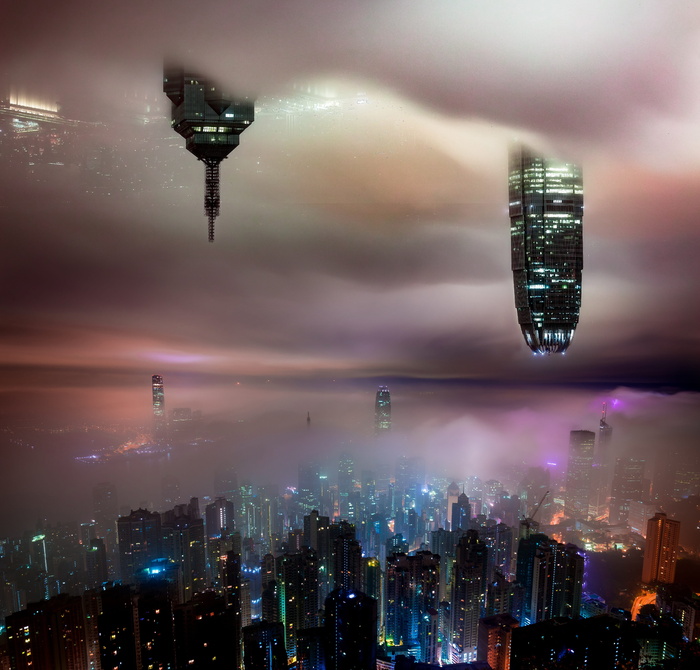 雾，一个姓，山，云，香港，建筑，深夜