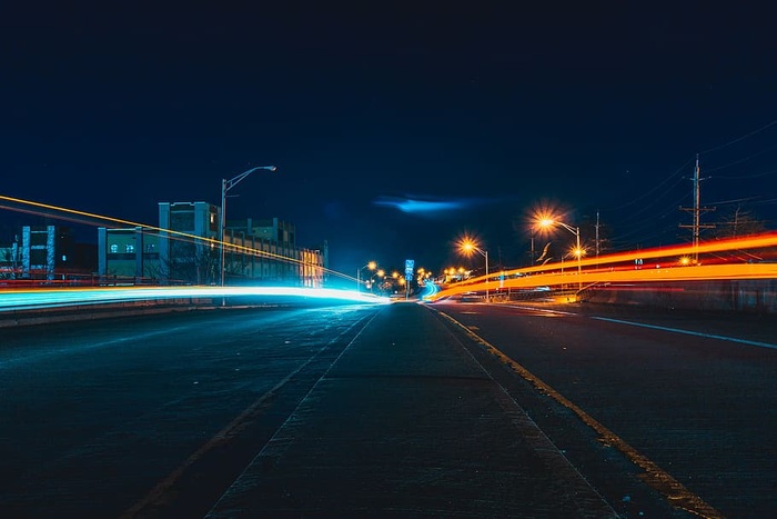 延时摄影，道路，夜晚，建筑，灯光，长时间，曝光，摄影