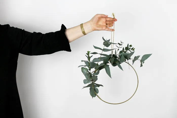 携带绿叶植物的人