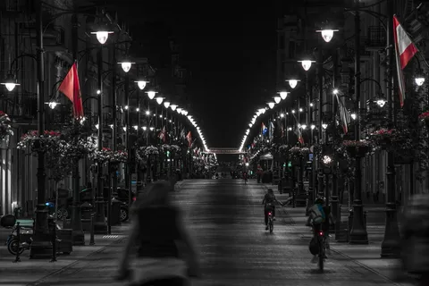 街道、船只、城市、波兰、步行区、自行车、夜晚、夜晚 街道、船只、城市、波兰、步行区、自行车、夜晚、夜晚