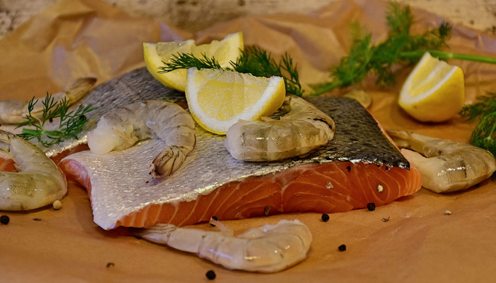鲑鱼，鱼，scampi，生的，海鲜，新鲜，虾，鲑鱼片