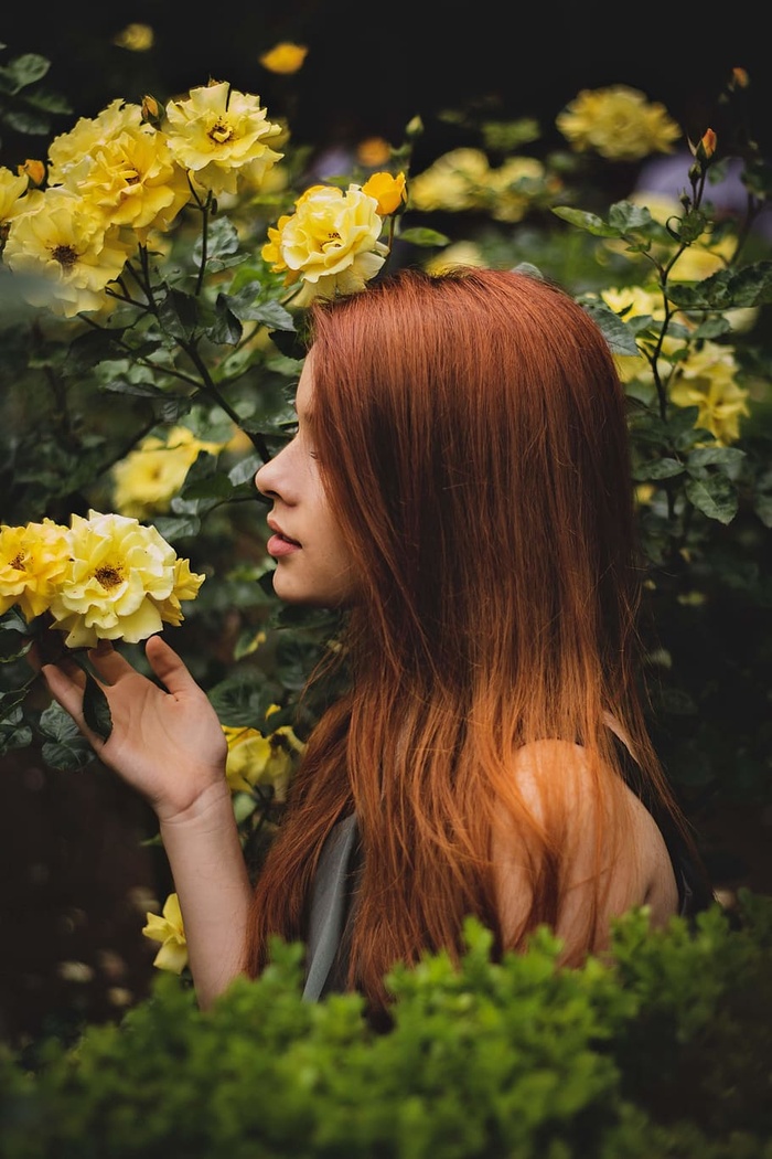 举着花的女人的照片