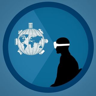 使用虚拟现实耳机的人的图示。