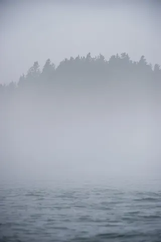 雾覆盖了岛屿、海洋、海水、海浪、大自然、树木、雾