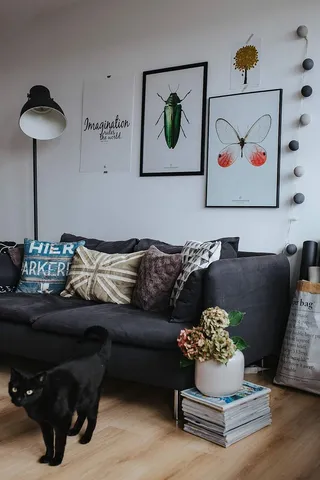 设计师设计的客厅内部有一张木箱桌和一块浅蓝色地毯