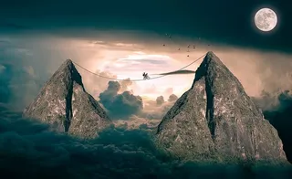 棕色，岩石山壁纸，云，山，天空，蓝天，月亮，幻想