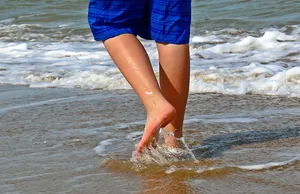 脚、腿、沙子、水、波浪、围棋、喷雾、赤脚