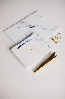 棕色夹子旁边的白色螺旋笔记本 棕色夹子旁边的白色螺旋笔记本