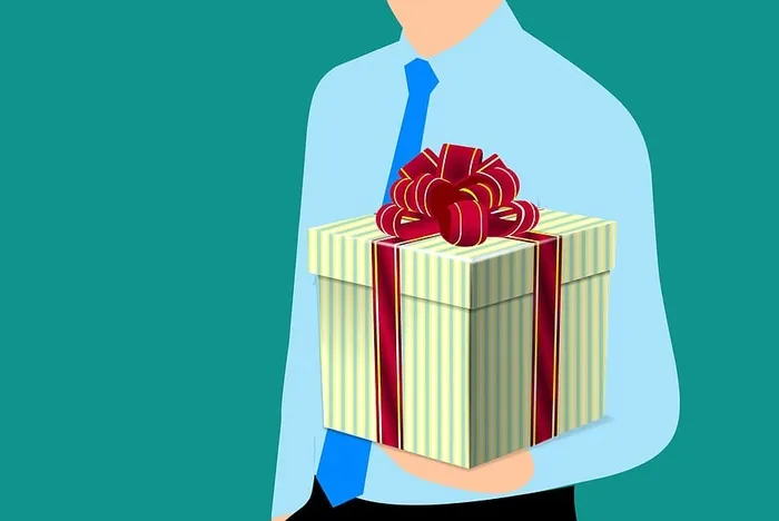 男子拿着一个包装好的礼品盒的插图。
