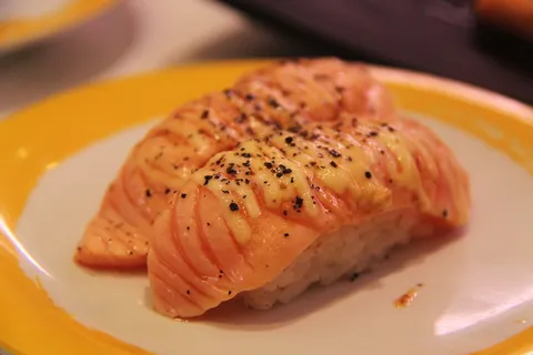 特写摄影、生的、肉、大米、白色、陶瓷、盘子、鲑鱼 特写摄影、生的、肉、大米、白色、陶瓷、盘子、鲑鱼