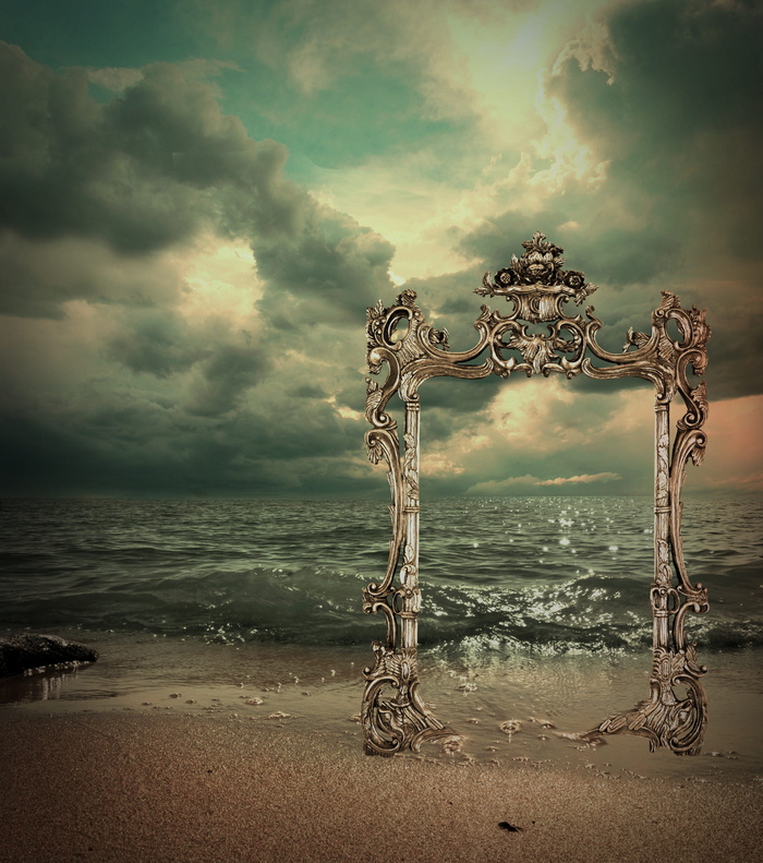 矩形，棕色，画框，海岸线，大海，超现实主义，风景，幻想