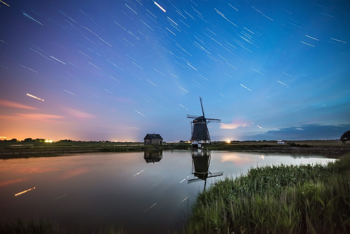 风车，星星，痕迹，水，倒影，湖泊，天空，风景