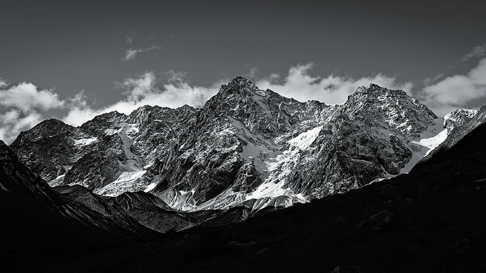 风景、山脉、有盖、雪、灰色、比例、摄影、黑白