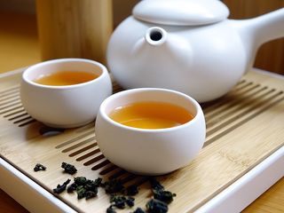 白色，陶瓷，茶杯，茶，茶壶，桌子，中国茶，饮料
