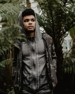 男子身穿灰色拉链连帽衫，周围有绿色蕨类植物