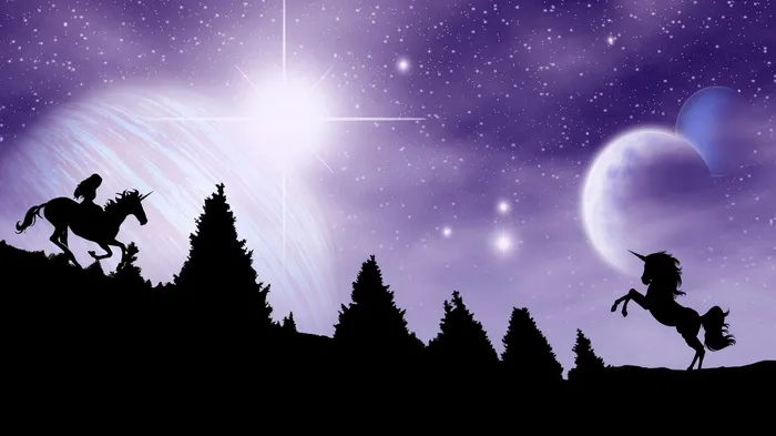 剪影，独角兽插图，独角兽，夜晚，神话生物，华丽，神话动物，星星