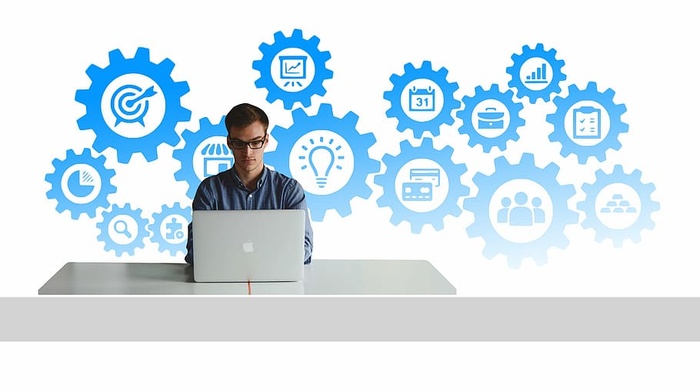 男人，使用，笔记本电脑，聪明，创意插图，企业家，创业，创业