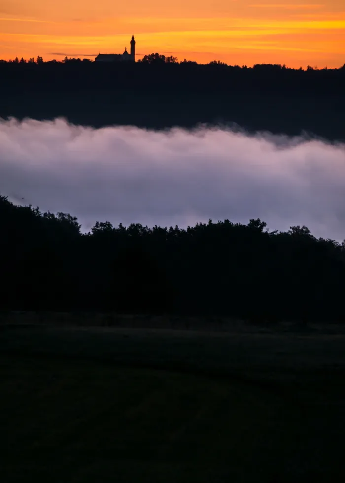 日出、雾、云、阿默西、安第奇修道院、修道院、教堂、巴伐利亚州